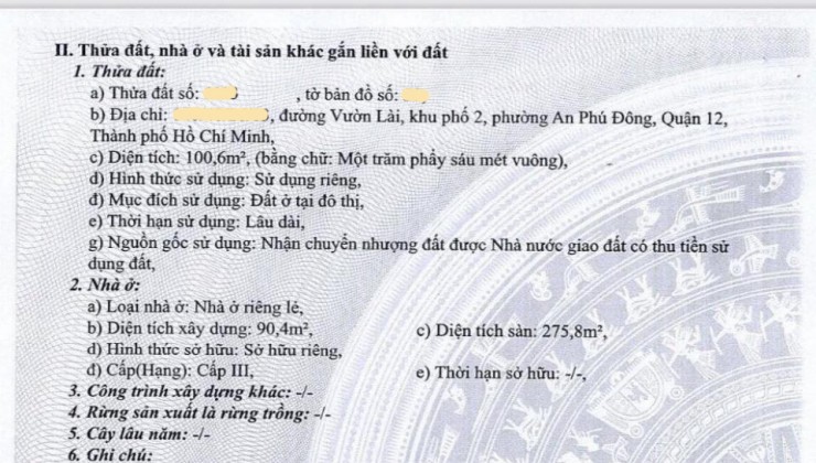 Bán Biệt thự Vườn Lài P. An Phú Đông Q. 12, 4 tầng, giá giảm còn 9.x tỷ